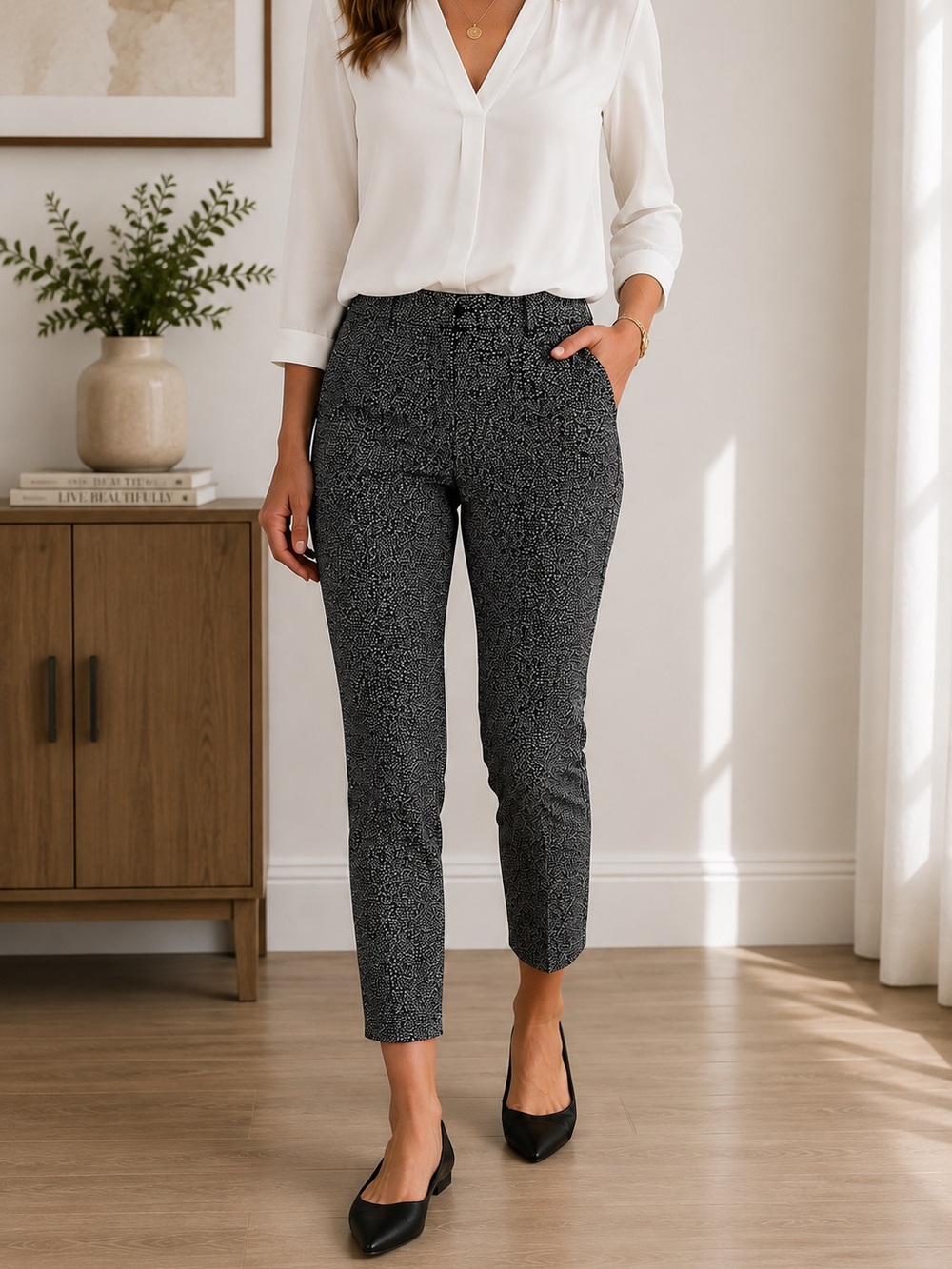 Cynthia Rowley Black White Print Ankle Crop Pants Size 12 Stretch Career
